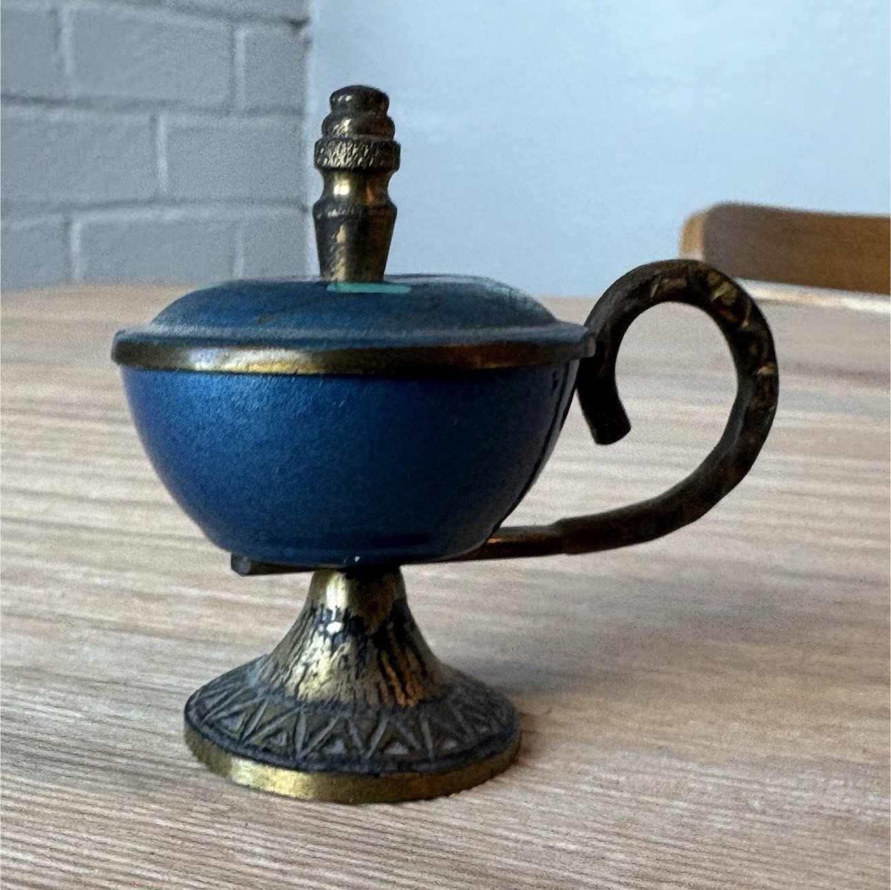 Enamel brass saccharin/condiment bowl with tiny tongs made in Israel 2.5” tall