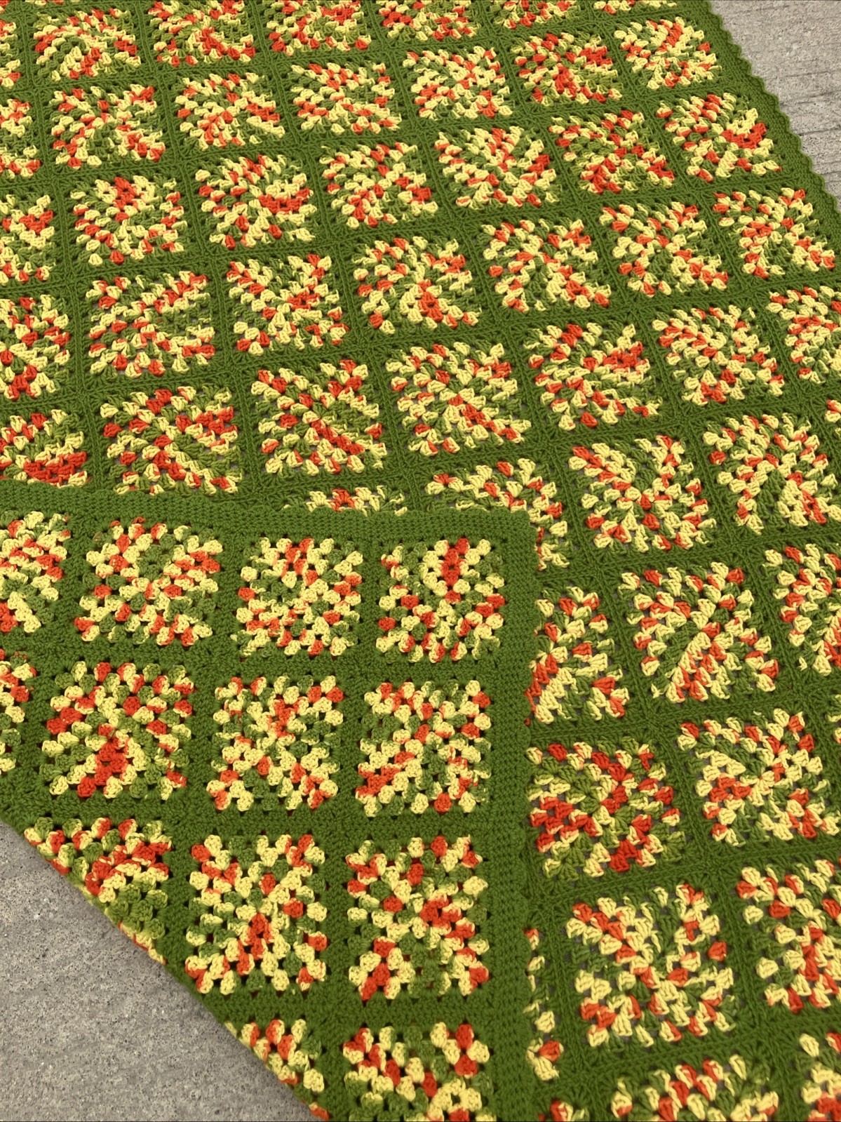 Granny Square Afghan Green Orange Yellow Blanket 60”x72” Psychedelic Spring