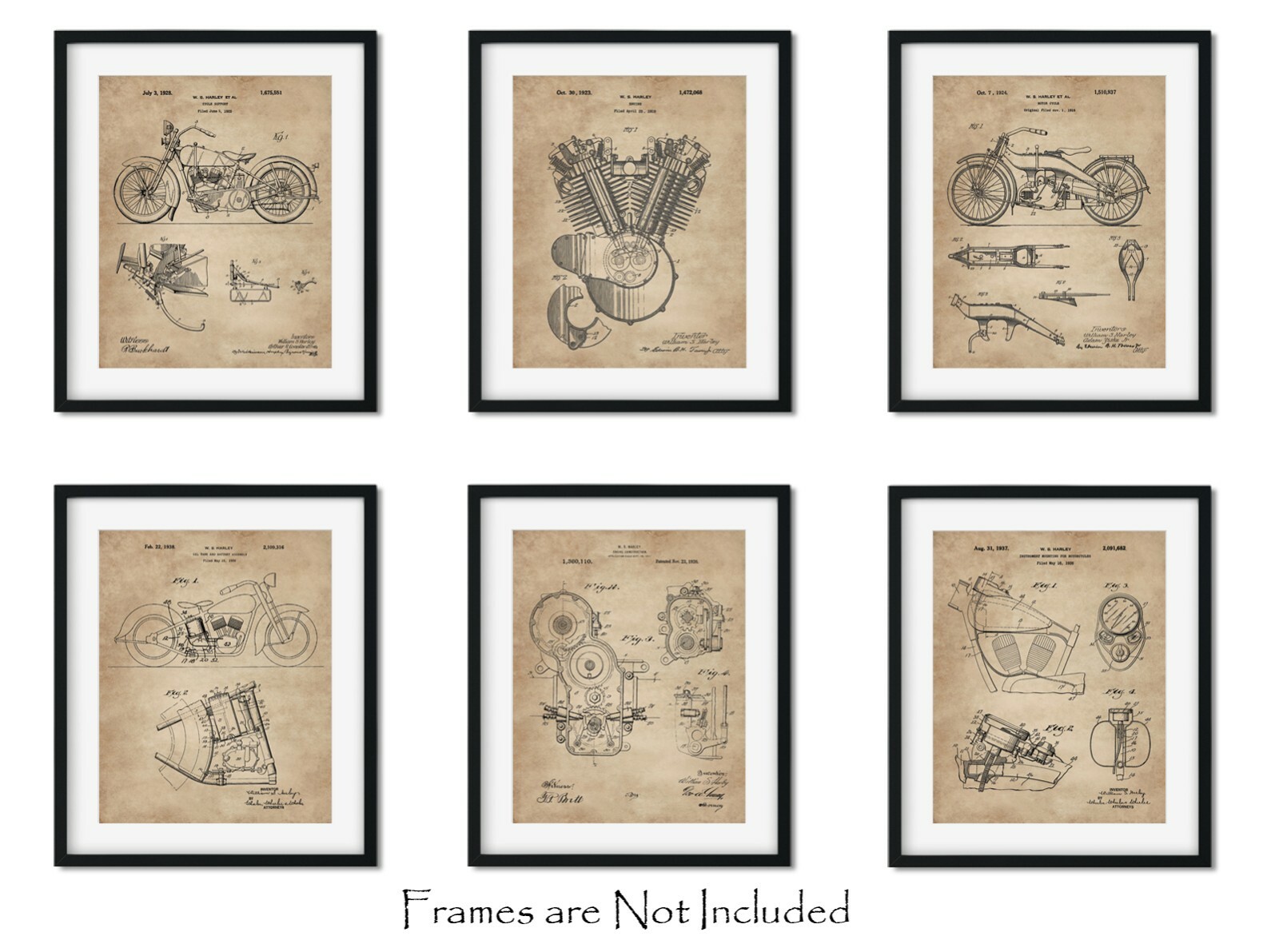 6 American Motorcycle Lovers Patent Art Prints Harley Davidson 8×10 in Wall Gift