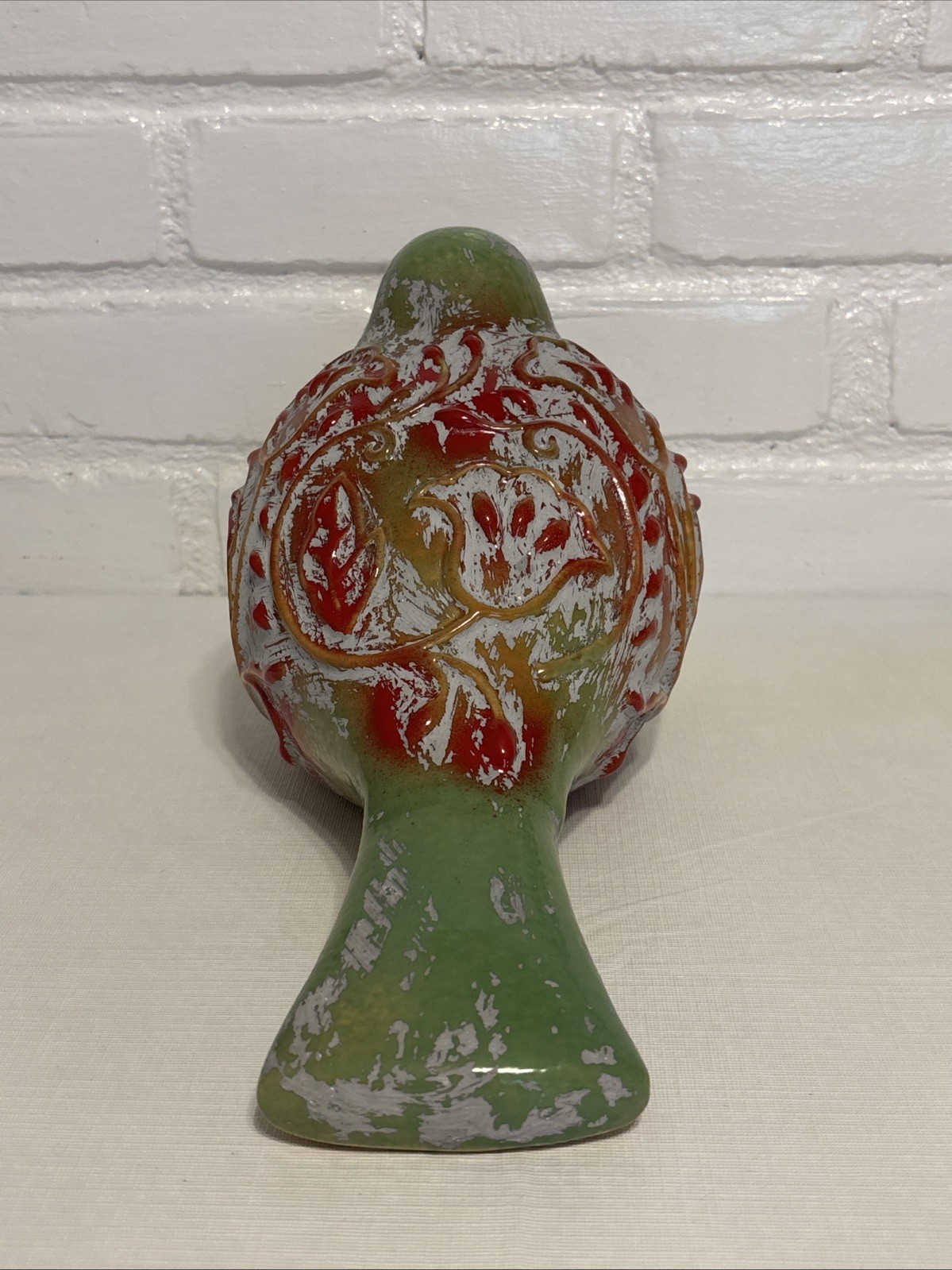 VINTAGE X-LARGE Ceramic Glazed Fat Bird Pottery Stoneware Green Red Orange Grey
