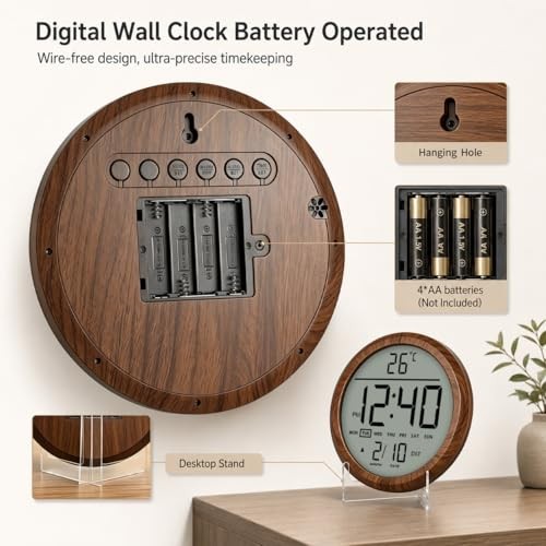 8 in Round Digital Wall Clock Battery Operated with Wood