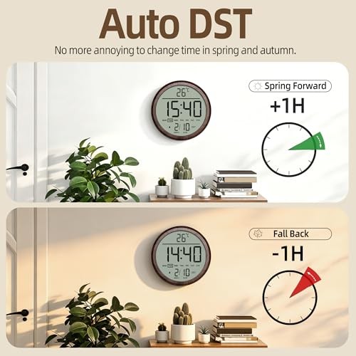 8 in Round Digital Wall Clock Battery Operated with Wood