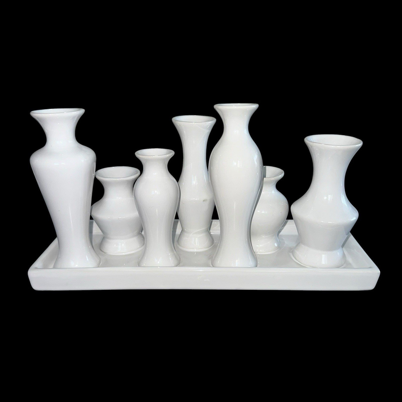 7 Bud Vases Attached Together On The Base, Ceramic Unique Art Deco White