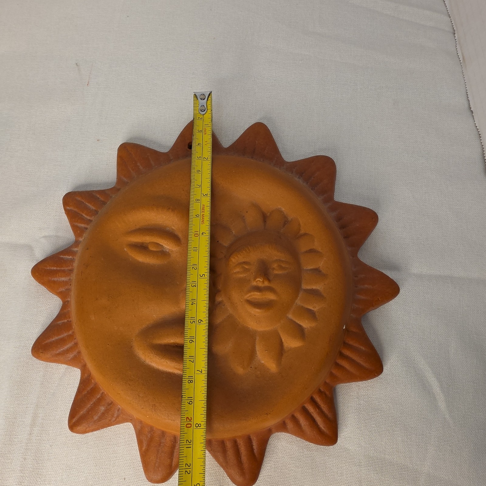 Terracotta Moon/ Sun Face Clay Handmade Sculpture Hanging Wall Art Home Decor 9″