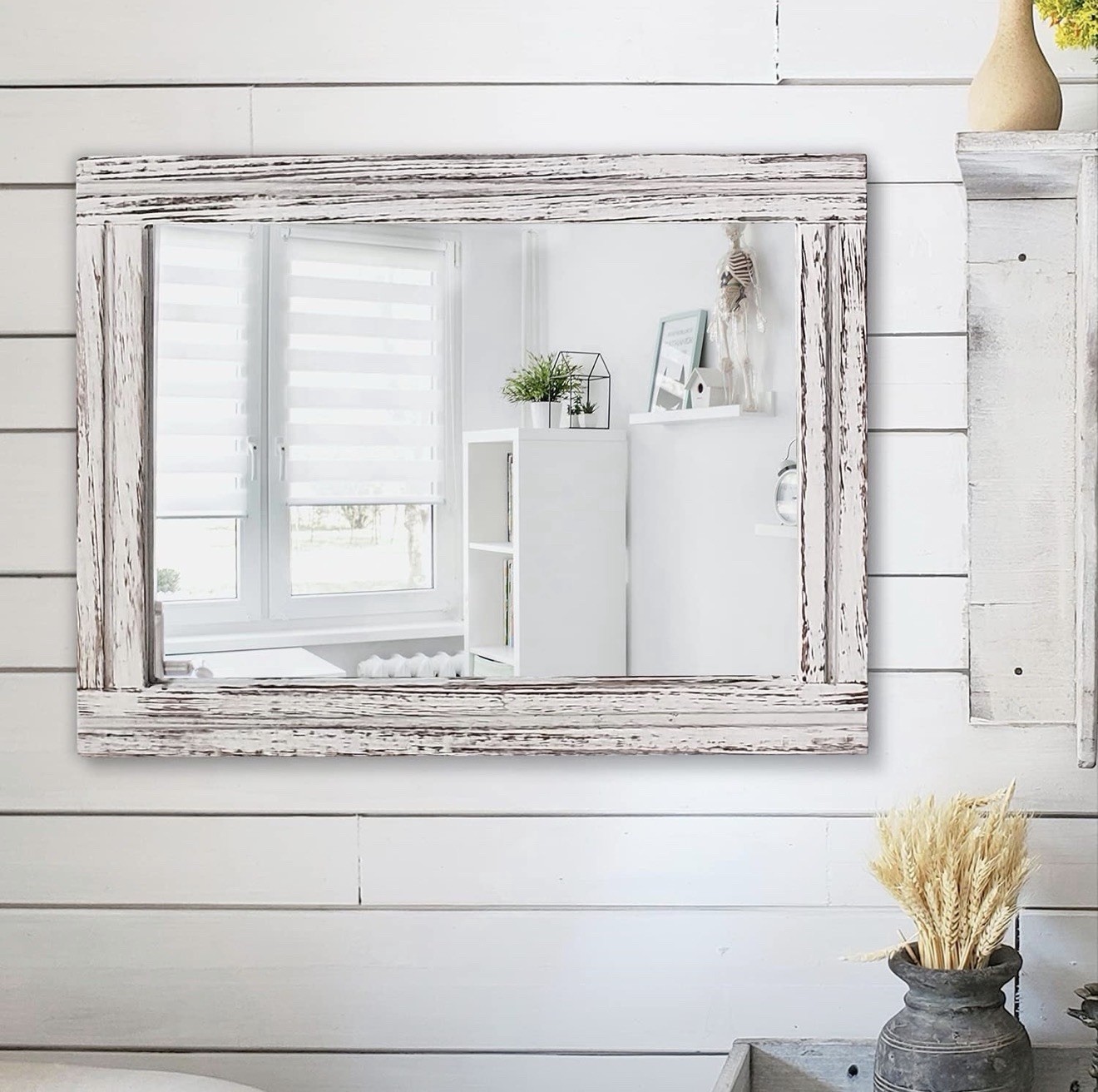 Rustic Wood Wall Mirror 50×40cm Farmhouse Frame Decorative Home Accent