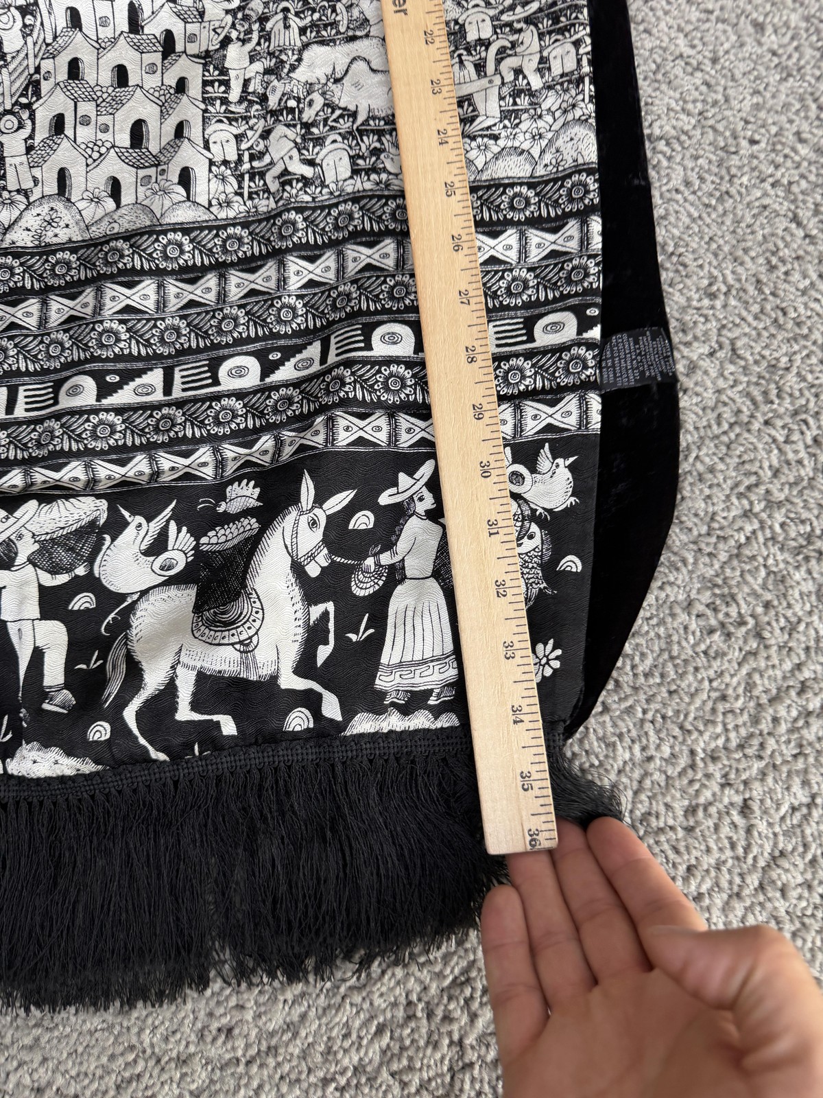 Black White Silk Wall Hanging Tapestry Ethnic Folk Art Village Scene Decor
