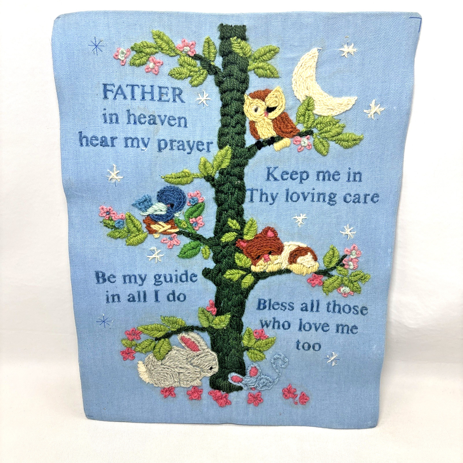 Crewel Vtg Completed Embroidery Father in Heaven Prayer Nursery Wall Art 70s