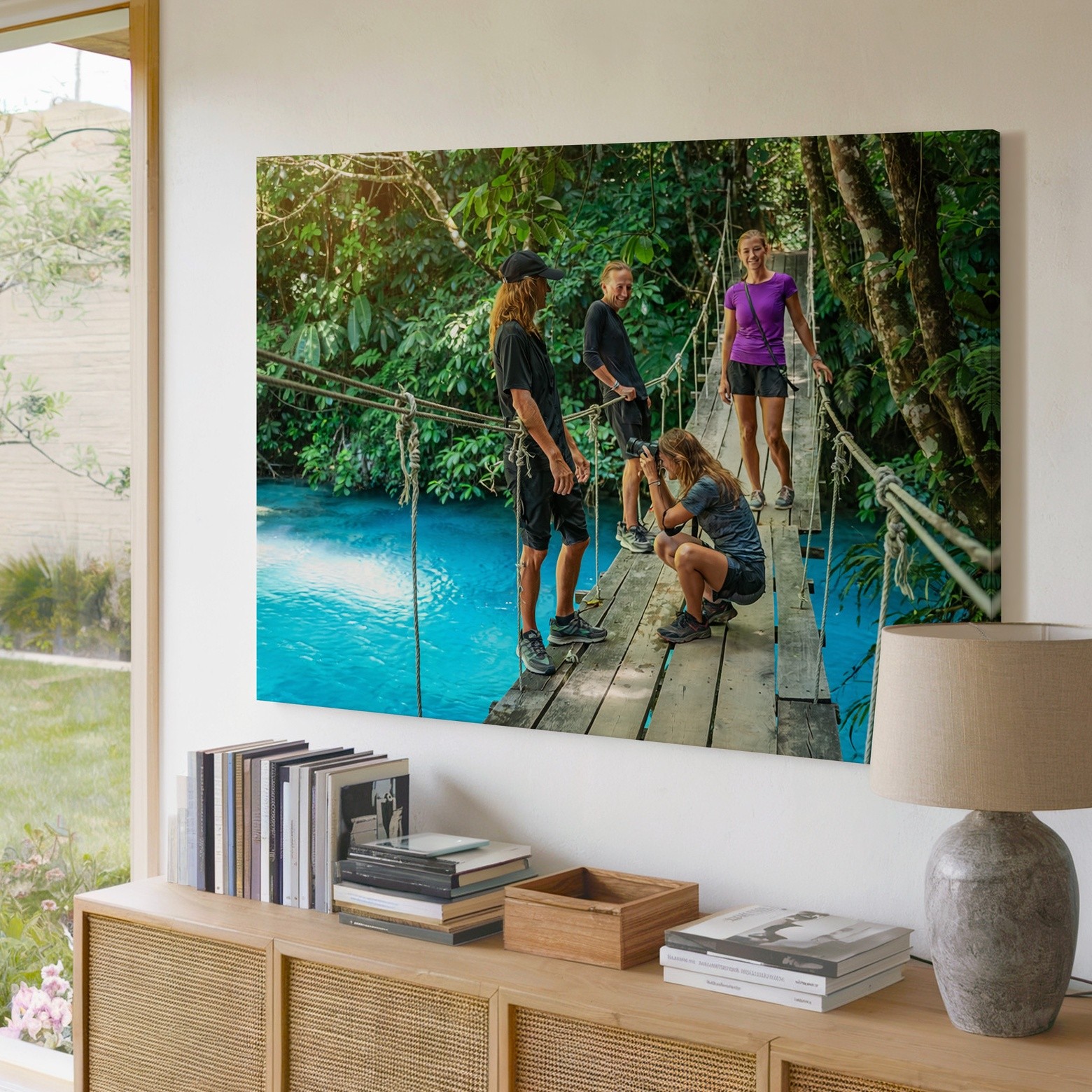 Adventure Nature Canvas Wall Art Crossing Wooden Bridge Over Blue River Print