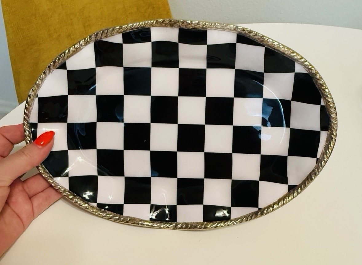 🤍🖤 New Black & White Checked Enamel Golden Metal Trinket Tray