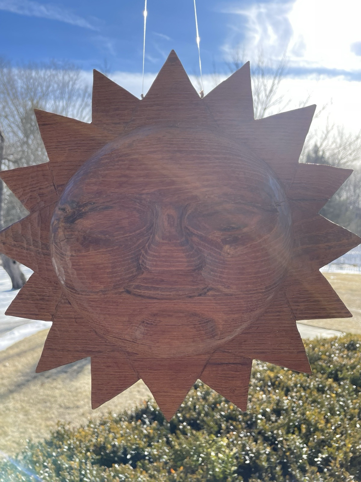 Carved Hard Wood Sun Face 3D Wall Hanging Double Sided Decorative