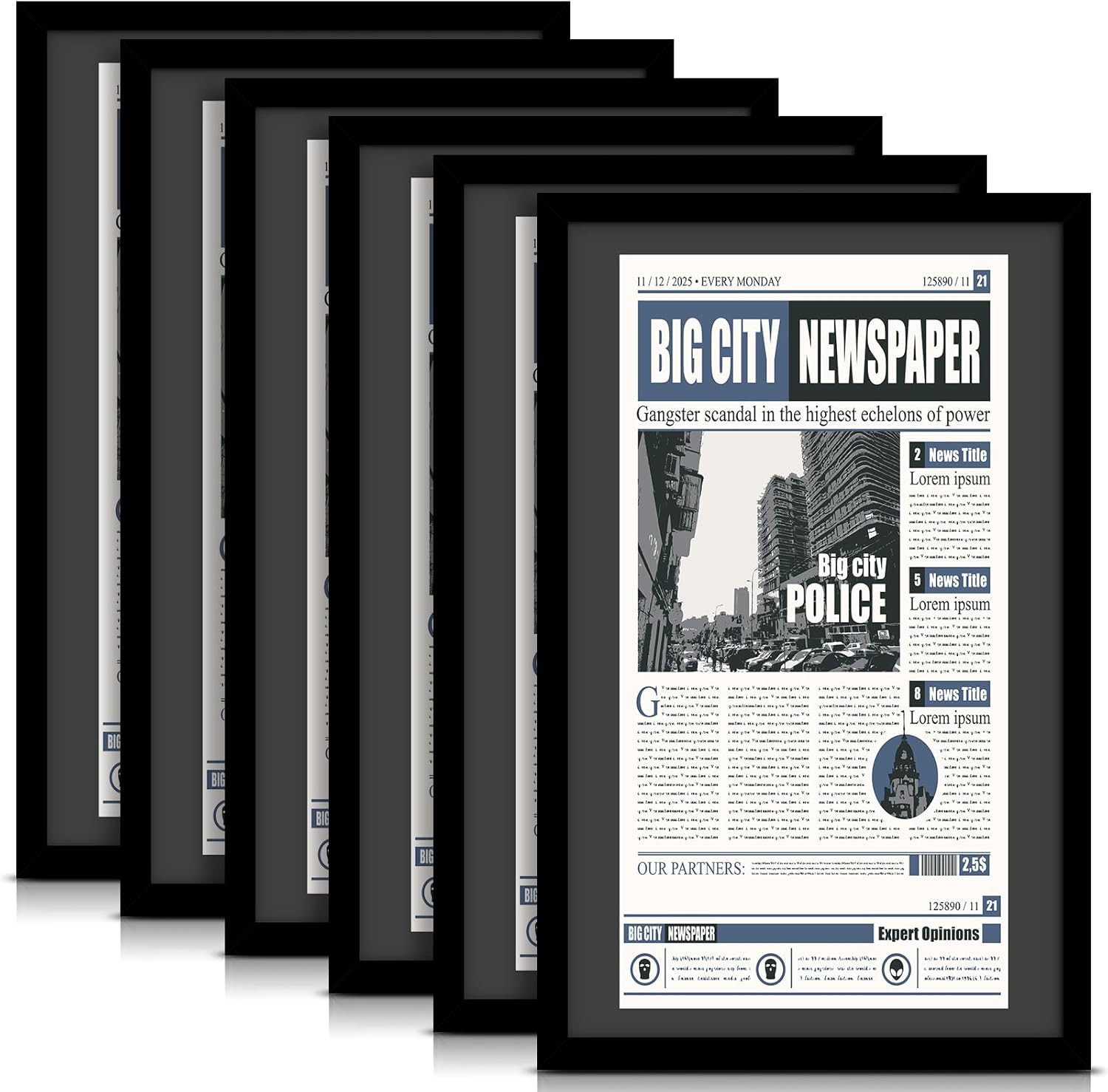 14×24 Newspaper Frame with Mat for 11×22 Articles, 6 Pack, Black