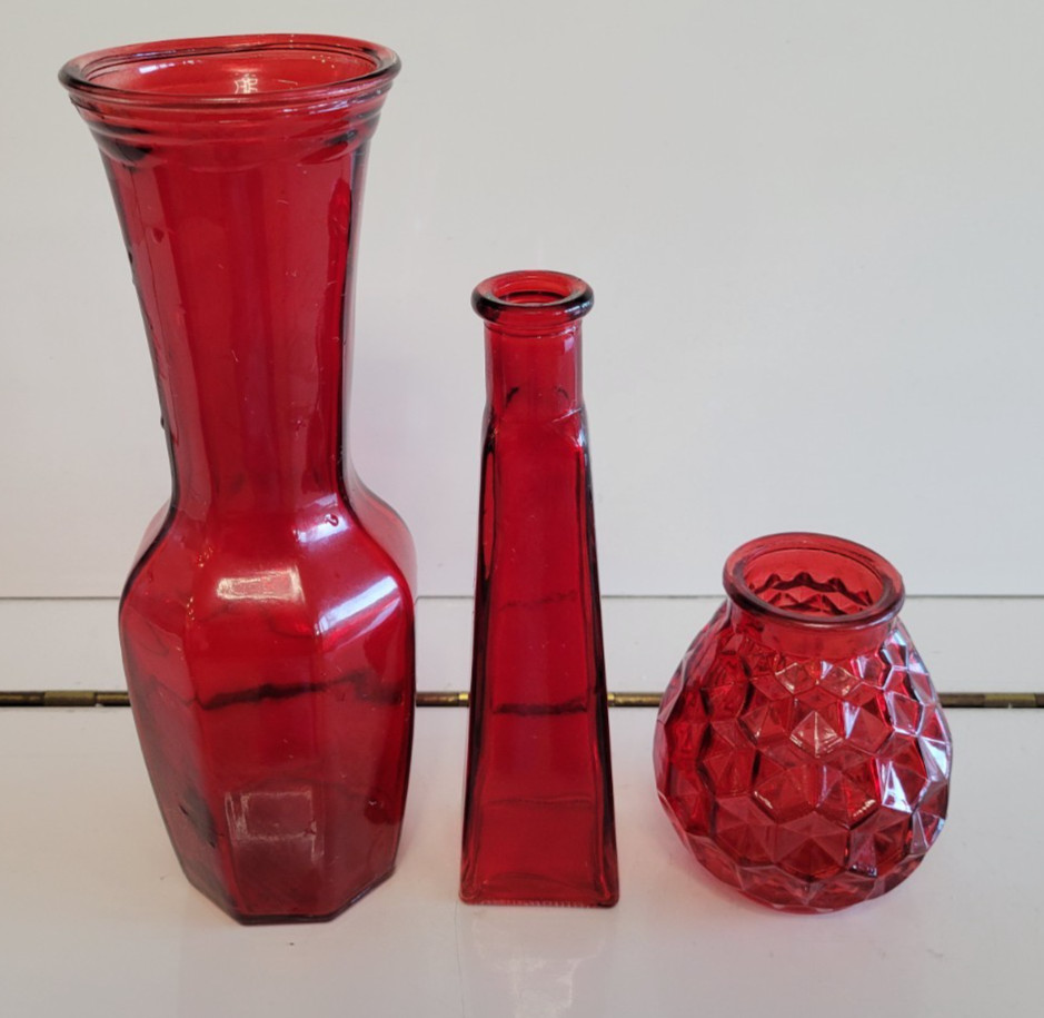 3 RUBY RED DECORATIVE BOTTLES ASYMMETRICAL CYLINDER AND DIAMOND POINT