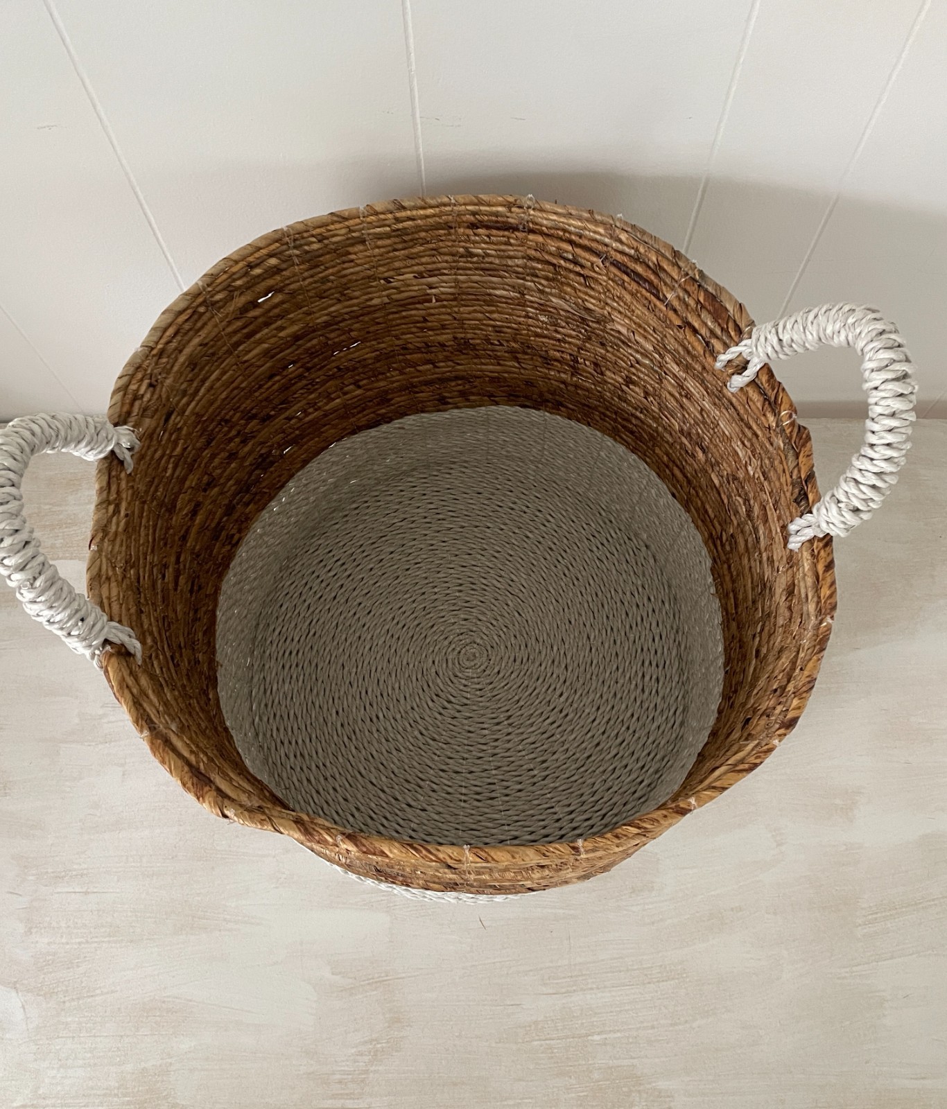 Large Natural & White Colorblock Handled Basket 16inch Storage Decor Laundry