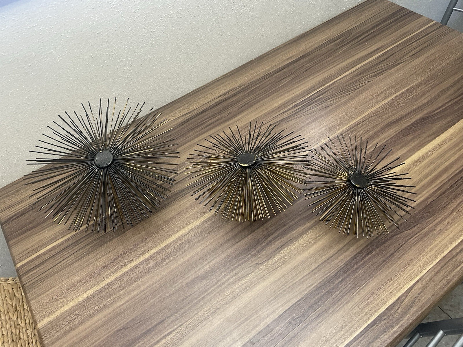 Set of 3 Metal Starburst Atomic Sea Urchin Wall Decor Bronze to Black Retro Look