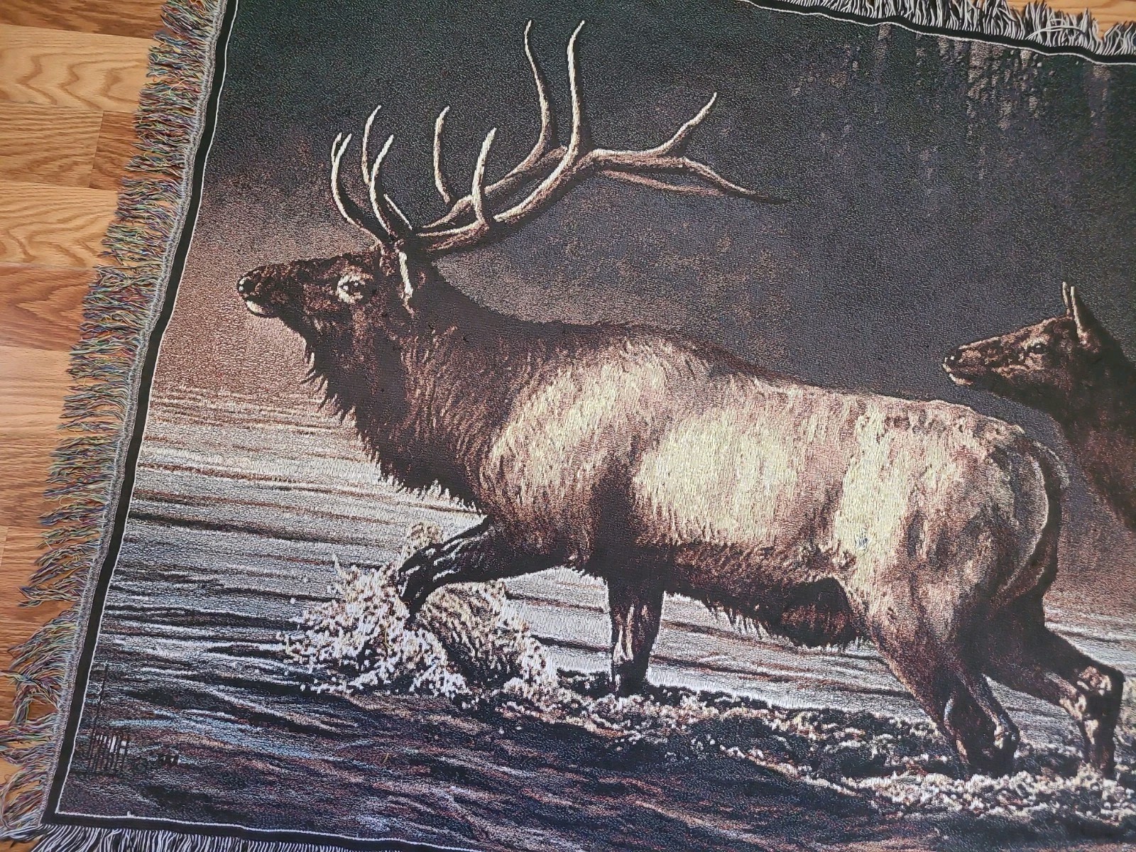 Vintage Woven Tapestry Elk In River Decorative Throw Blanket 58×42″