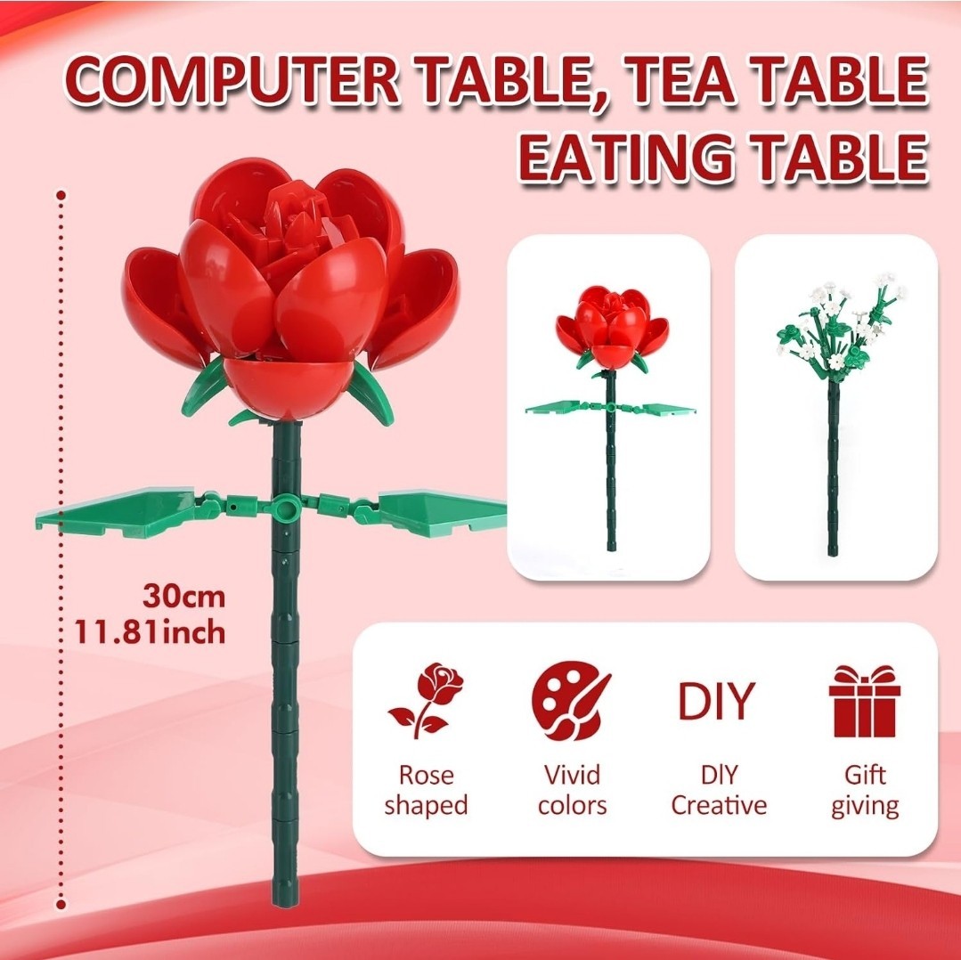 780 PCS Red Rose Building Flower Bouquet Kit for Adults & Kids, DIY Artificia…
