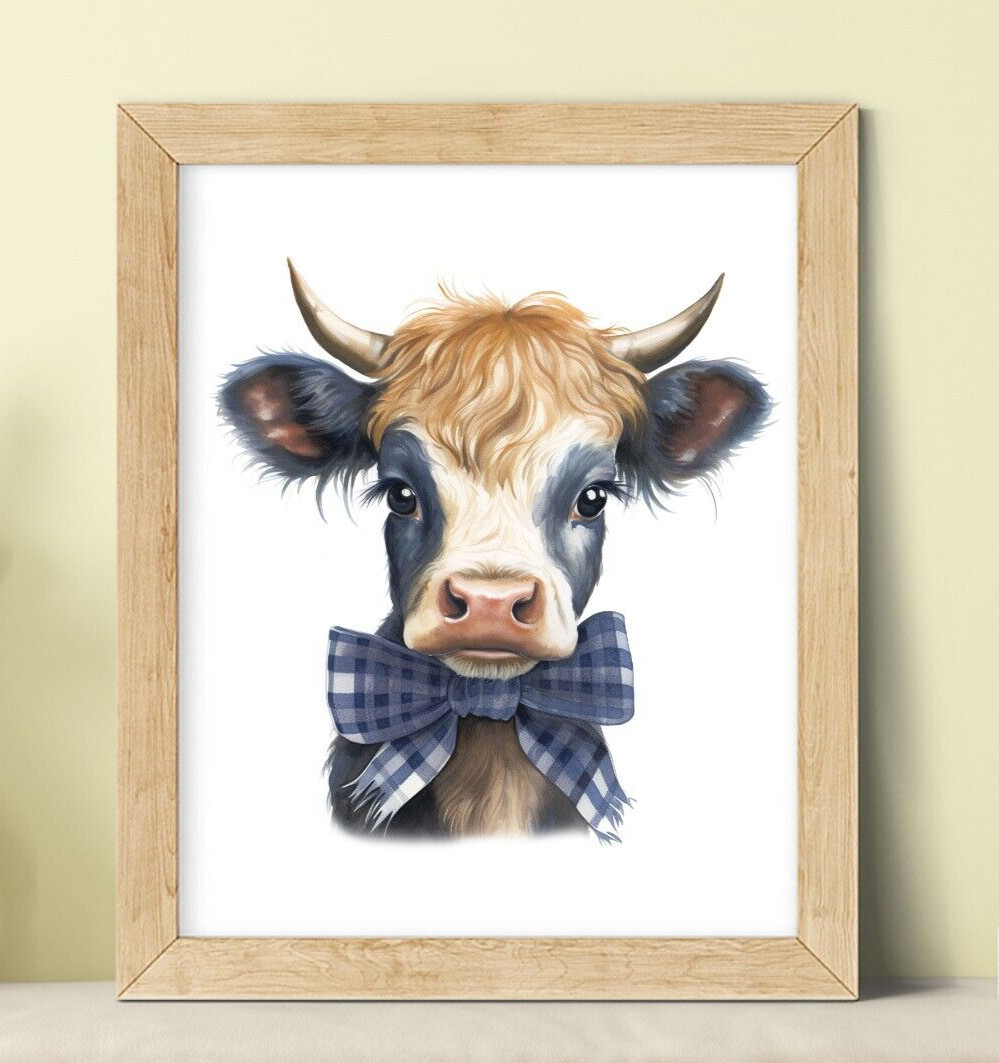 Cow Wall Art Print, Cow With Plaid Bow Art Print, Farmhouse Wall Art Decor