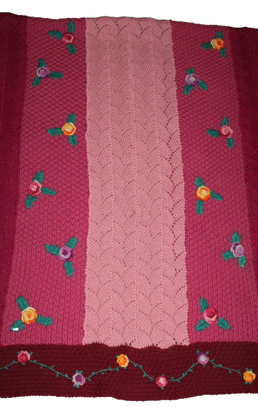 VTG handmade knitted afghan throw hand embroidered flowers 80″ x 52″ maroon pink