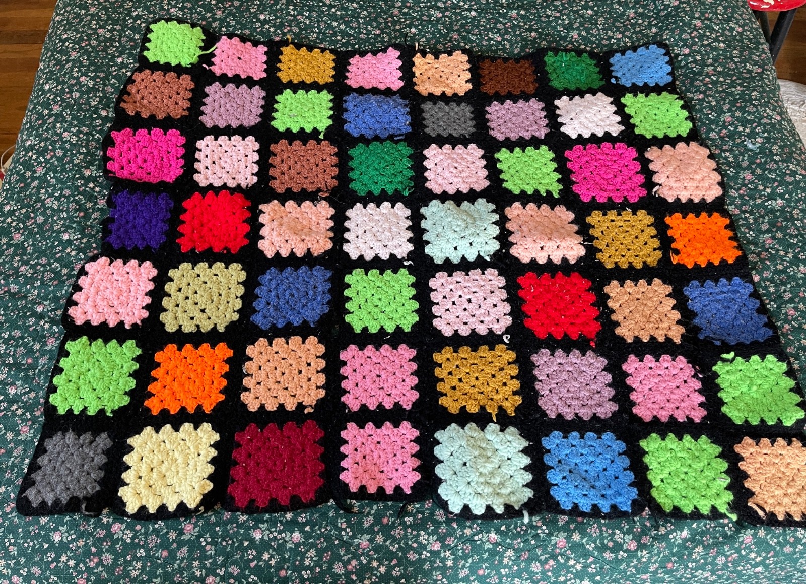 Granny Square Crocheted Throw Afghan Black Multicolor Small 29 x 34 Roseanne