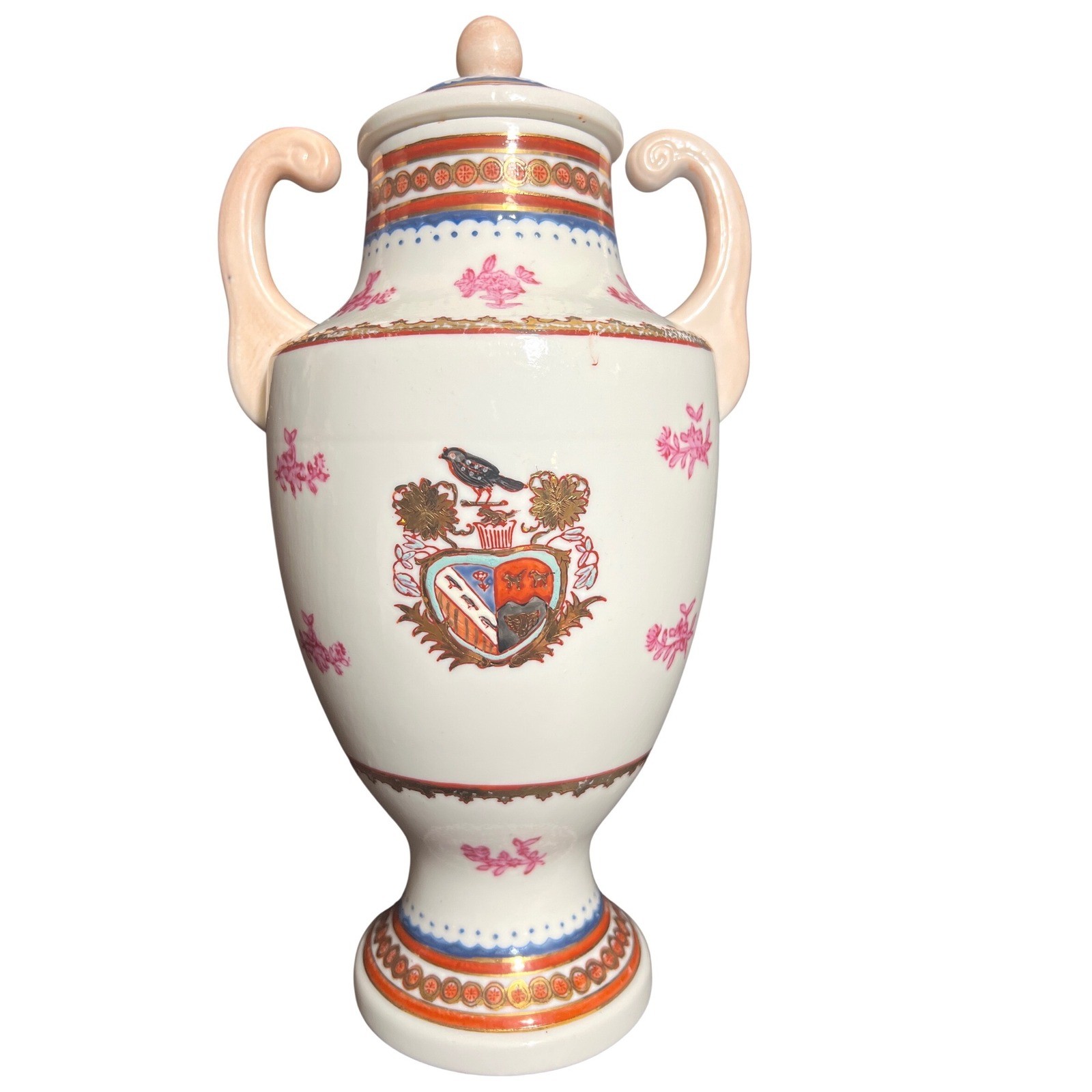 Vintage Heraldic Crest Porcelain Lidded Trophy Urn Vase Pink Gold Gilt 11.5″