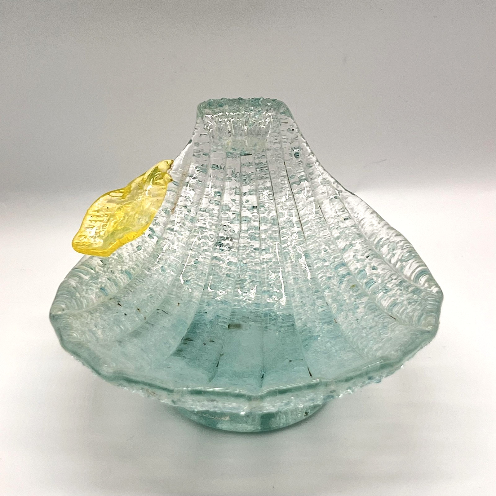 Vintage Studio Art Overshot Glass Shell Bowl Aqua Seafoam Blue Yellow Accent