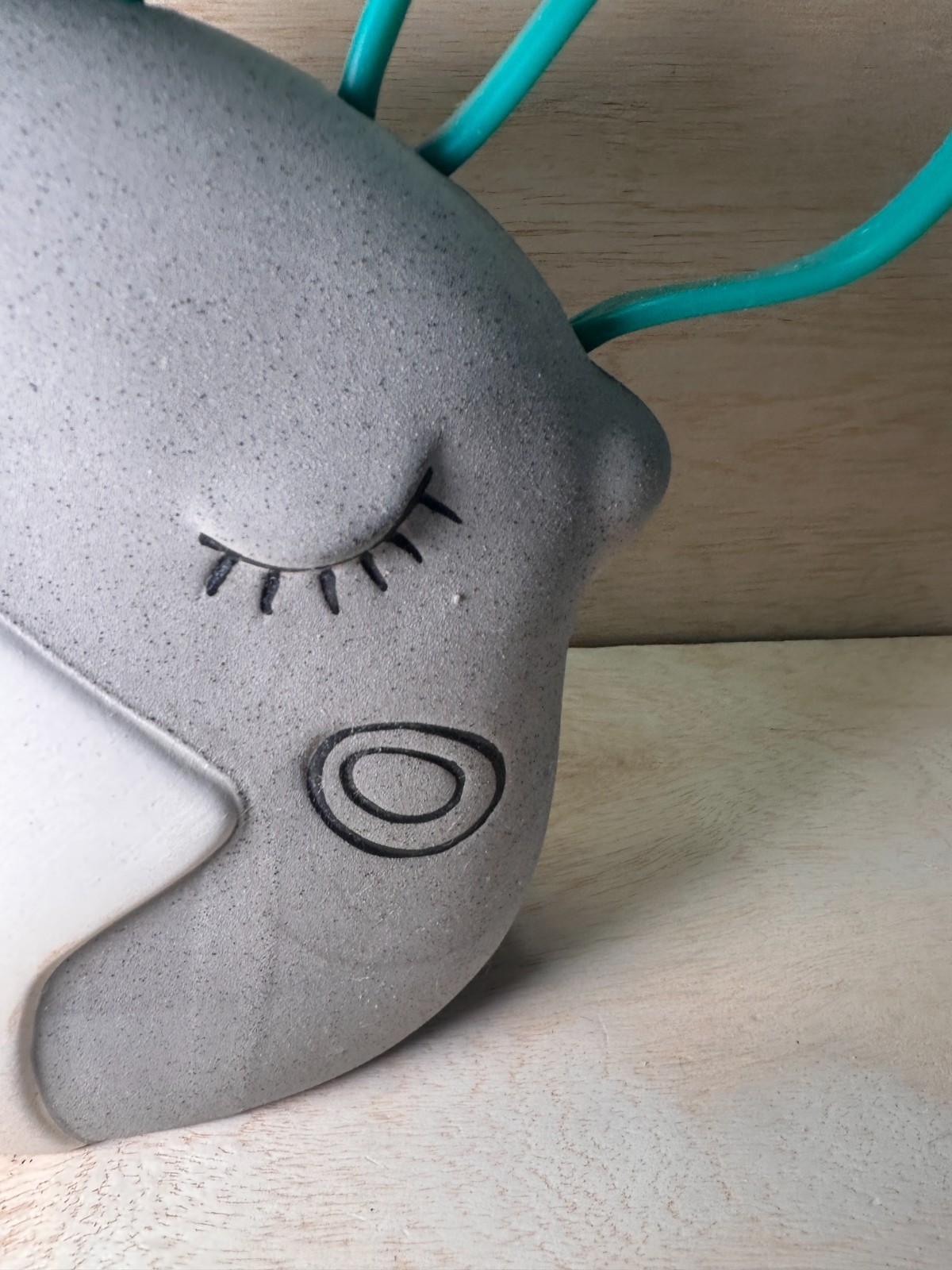 Modern Abstract Face Planter Vase Ceramic Two-Tone Grey White Teal Wire Accent