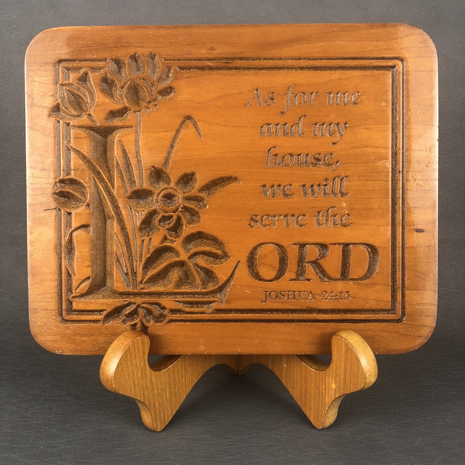 Vintage P. Graham Dunn Amish Carved Cherry Wood Wall Plaque Joshua 24:15 9.5″
