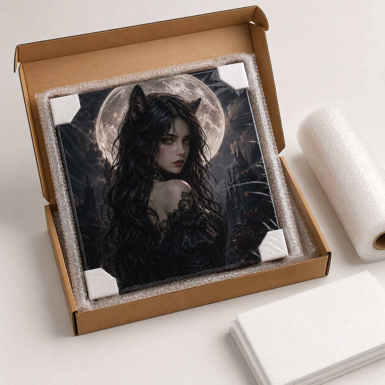 Gothic Cat Girl Canvas Wall Art Dark Fantasy Moon Portrait Vampire Castle Decor