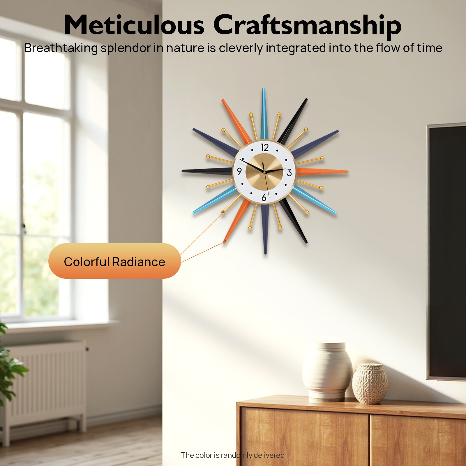 Large Wall Clock Modern Starburst Mid-Century Modern Decor Non-Ticking Battery