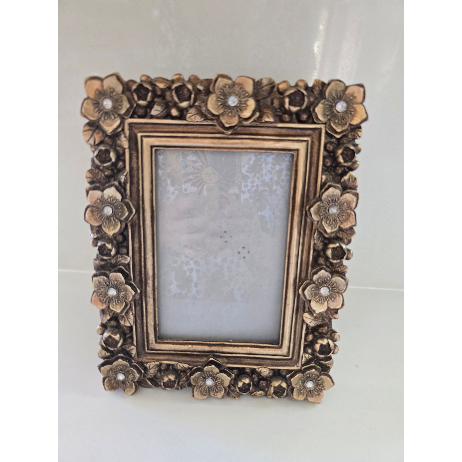 Antique Style Gold Floral Picture Frame Ornate 3D Flowers Faux Gem Accents