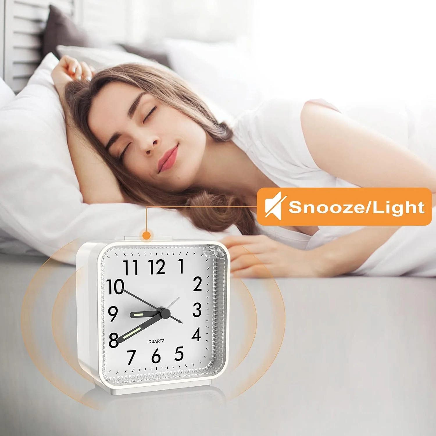 Analog Alarm Clock, White, Battery Powered, Snooze, Night Light, Large Dial, Goo