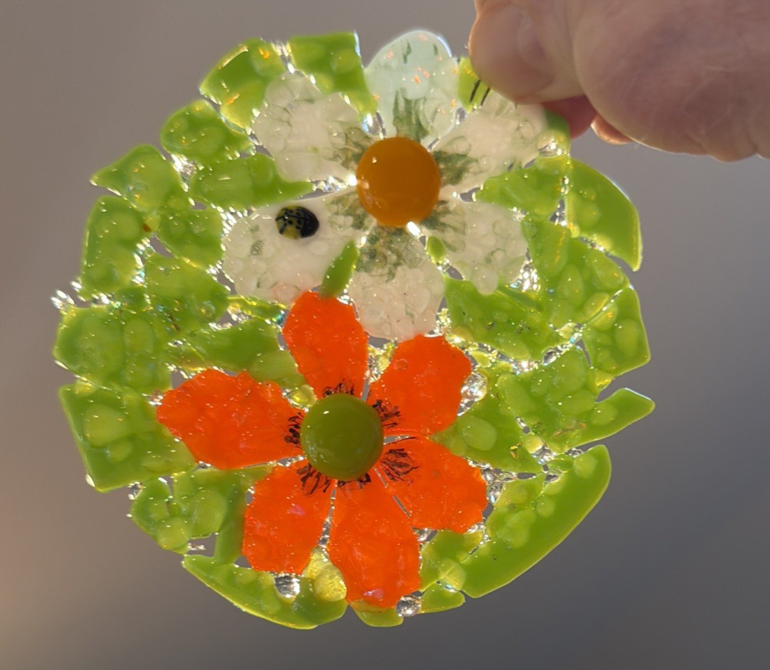 Fused Glass Handmade Round Multicolor Flower Sun Catcher Signed By Artist