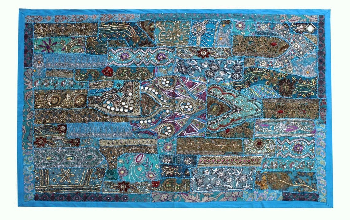 60″ STUNNING INDIA ART ETHNIC DÉCOR SARI BEADS SEQUIN LACE WALL HANGING TAPESTRY