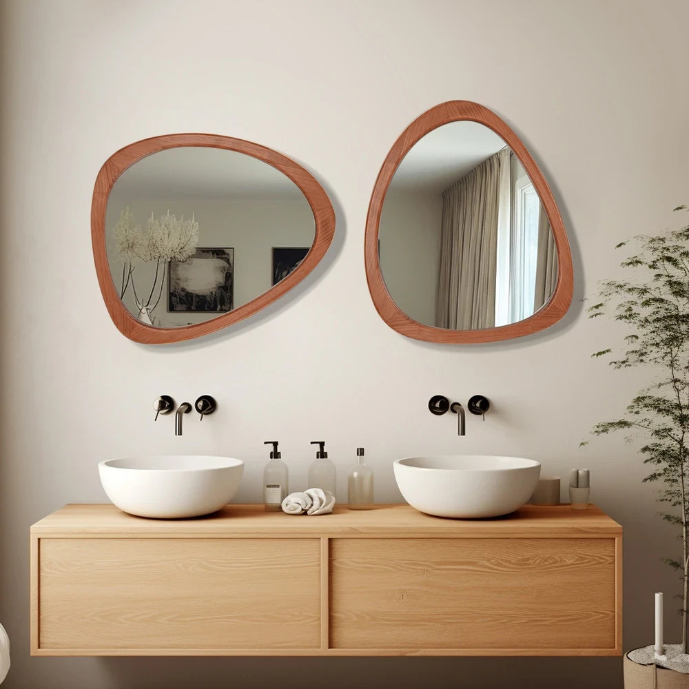Asymmetrical Irregular Wood Wall Mirror Light Brown Mid Century Boho Farm 20×23″
