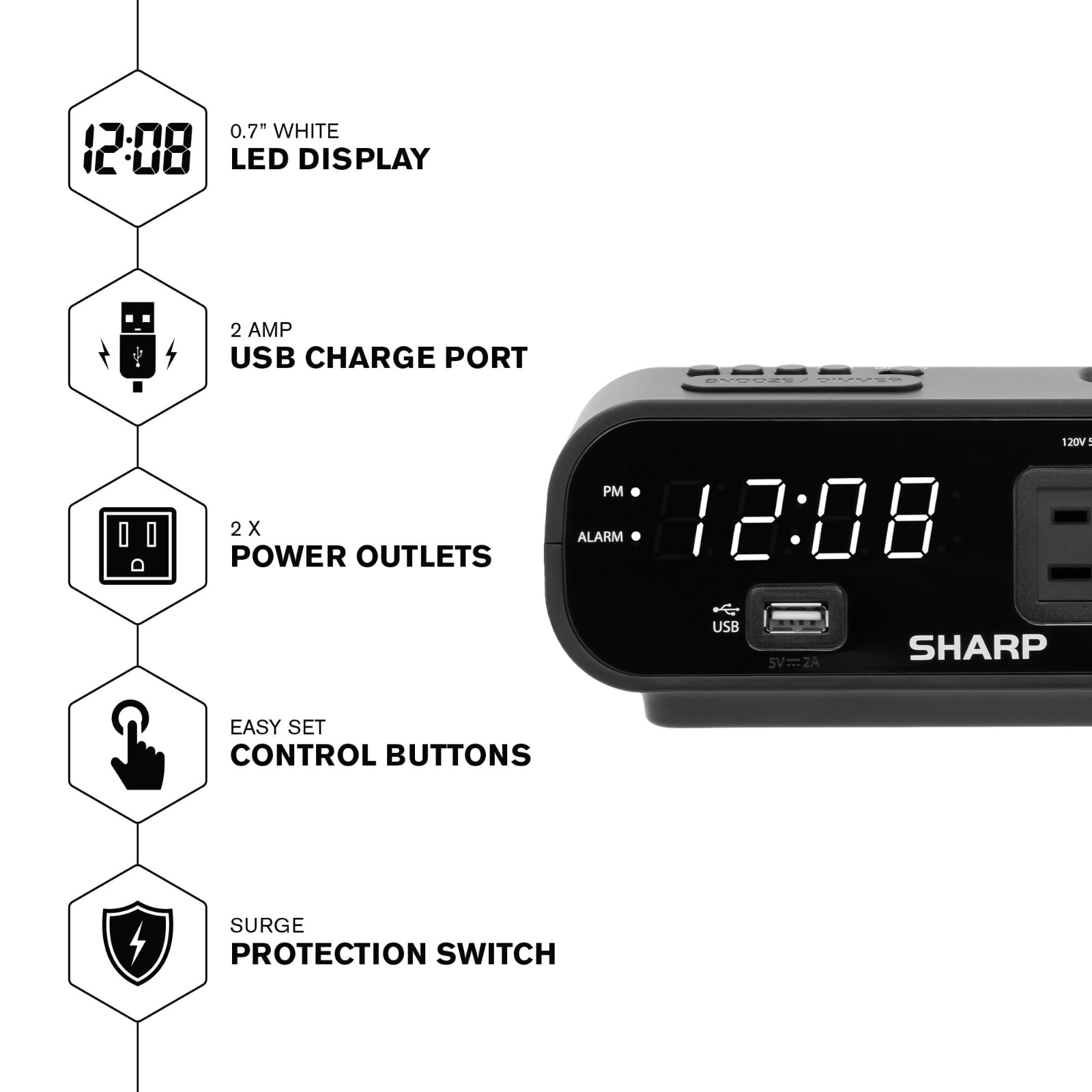 SHARP LED Digital Alarm Clock, 2 AMP fast Charge USB Ports & 2 AC Power Outlets