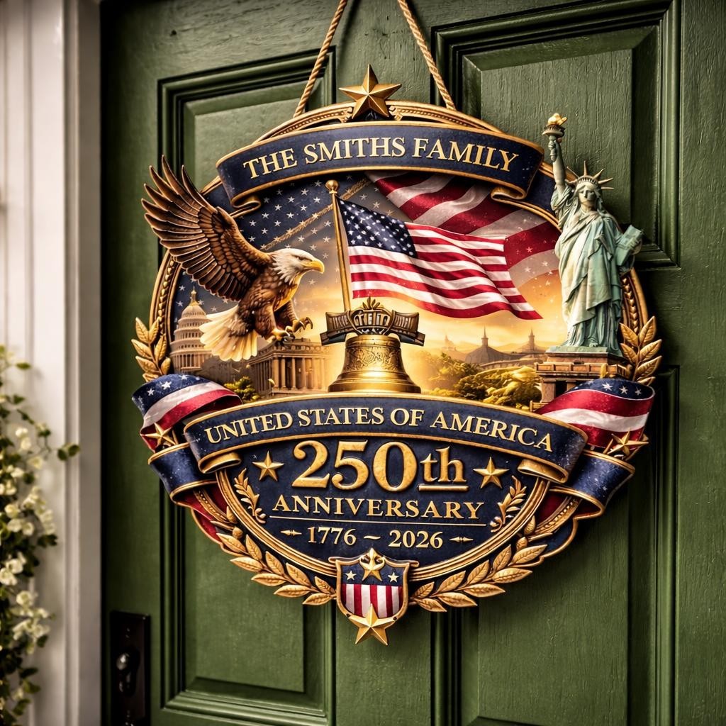 Personalized Family Name Patriotic Door Sign, USA 250th Anniversary Wreath