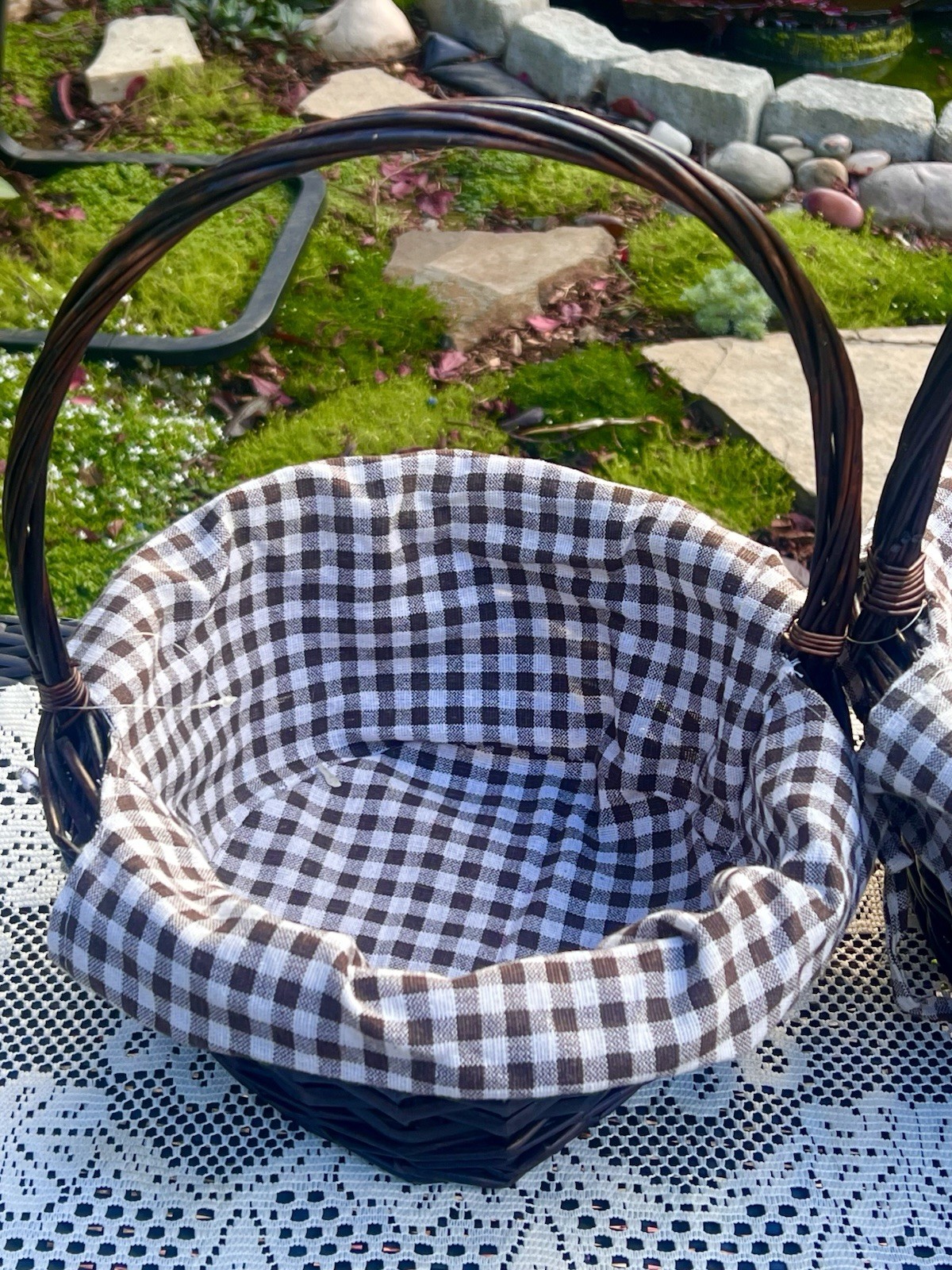 New Nested Wicker Basket Set Brown Gingham Liners Farmhouse Storage Decor