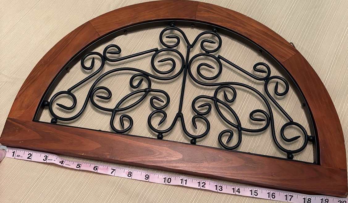 Traditional Arch Wall Decor, Brown Wood Frame w/ Black Metal Scrollwork, 20 in