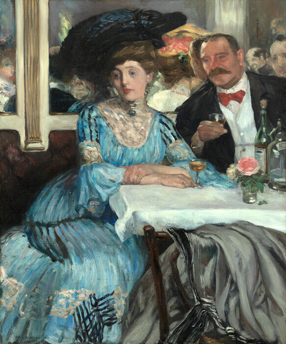 AT MOUQUIN’S NEW YORK RESTAURANT HIGH SOCIETY PAINTING BY WILLIAM GLACKENS REPRO