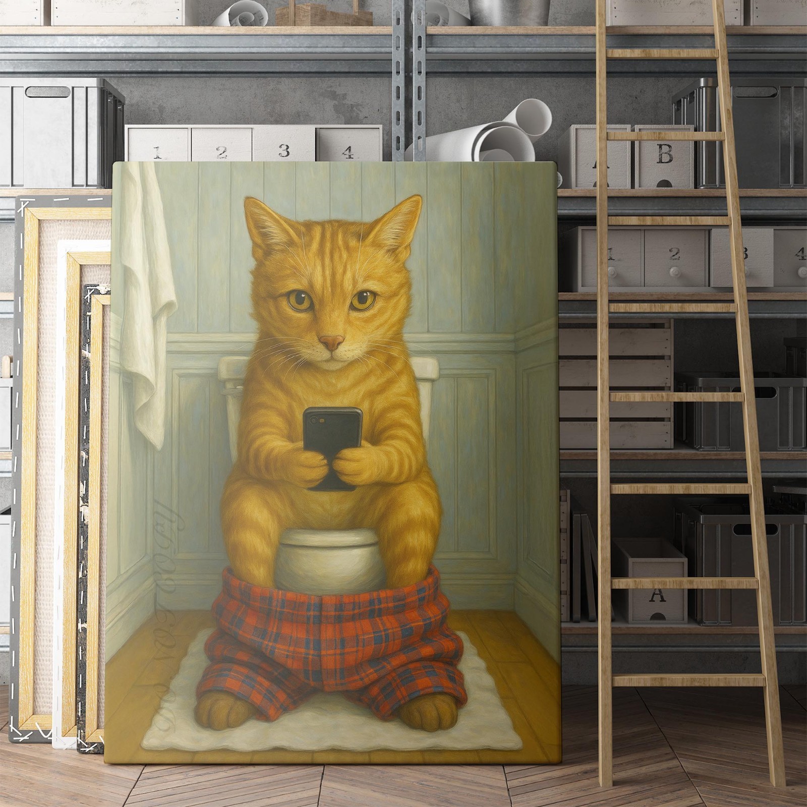 Cat On The Phone On The Toilet Funny Cats Animals Bathroom Canvas Wall Art Print