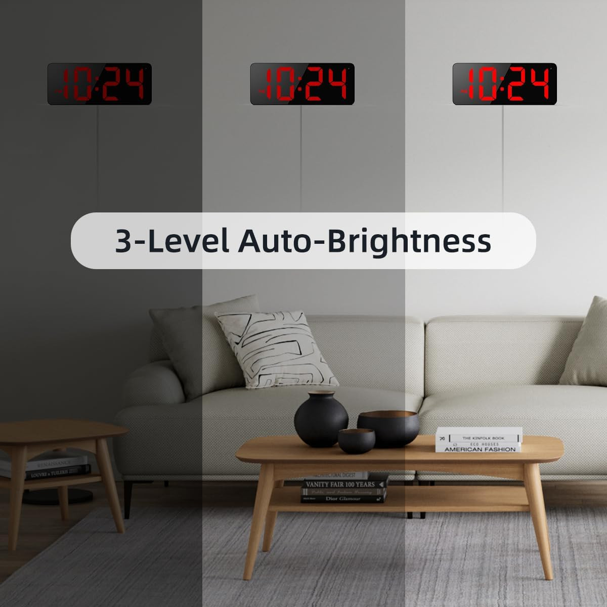 LED Digital Wall Clock with Large Display, Big Digits, Auto-Brightness, 12/24Hr