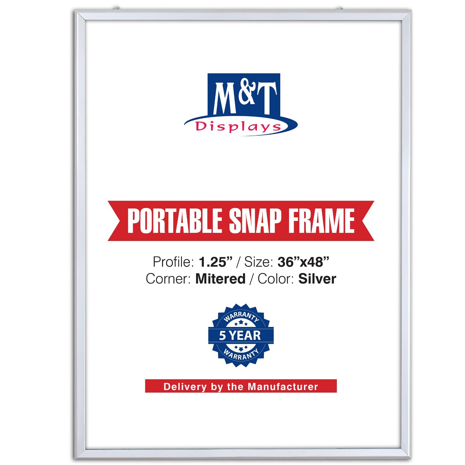 Portable Snap Poster Frame 1.25″ Aluminum Front Loading Wall Mount 36×48 Silver