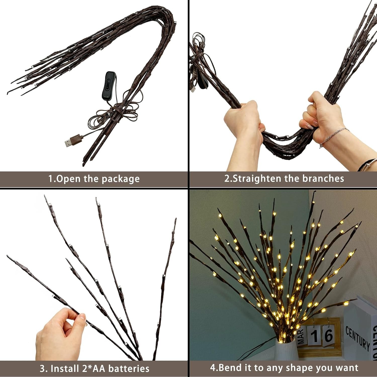 3 Pack Lighted Branches for Vase, Artificial Brown Twig Lights, 29IN 60 LED Warm