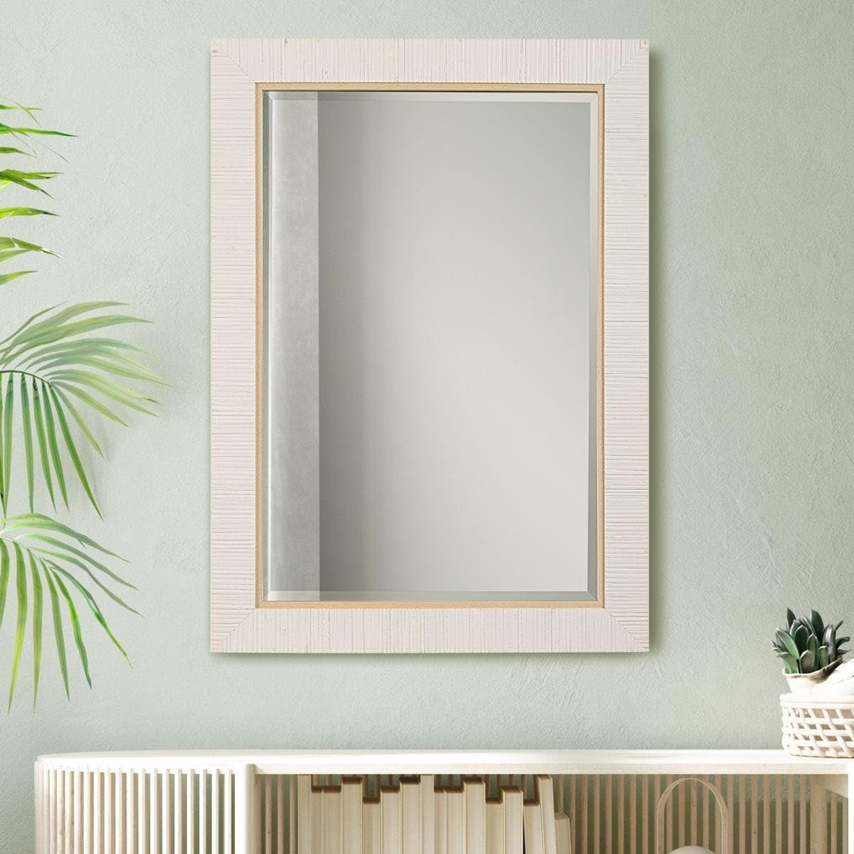 Coastal Whitewashed Rattan Frame Mirror – Modern Vanity Decor (25×35 in)