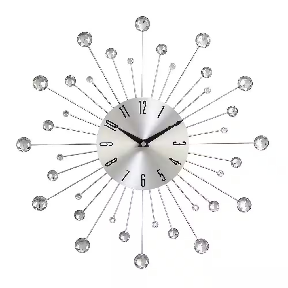 15 In. X 15 In. Silver Metal Starburst Wall Clock with Crystal Accents