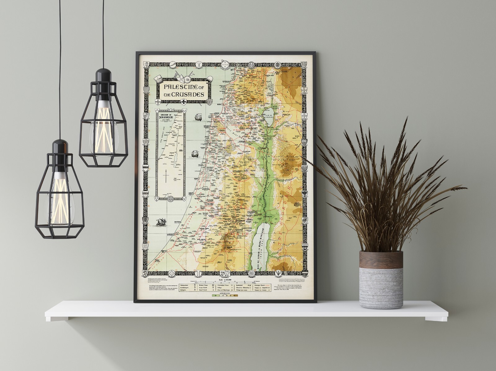 Palestine Of The Crusades Map Israel Medieval History Holy Land Art Poster