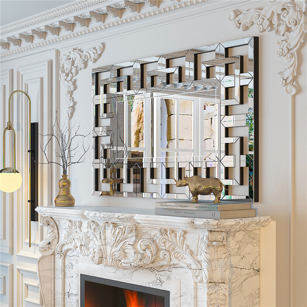 Geometric Decorative Wall Mirror Crystal Crush Diamond Wooden Back Constructed