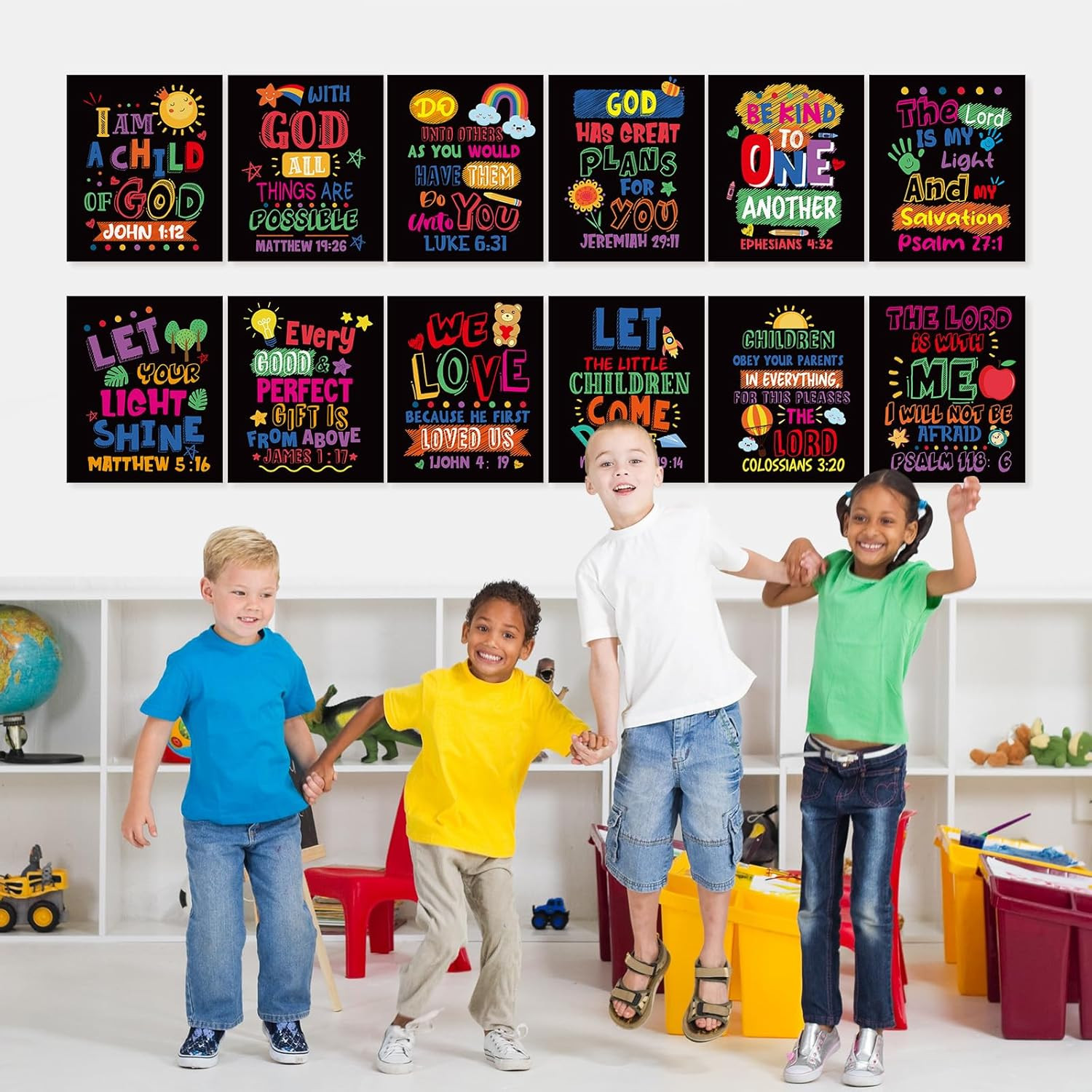 12 Pcs Bible Verse Posters for Kids，Inspirational Christian Wall Art with Script