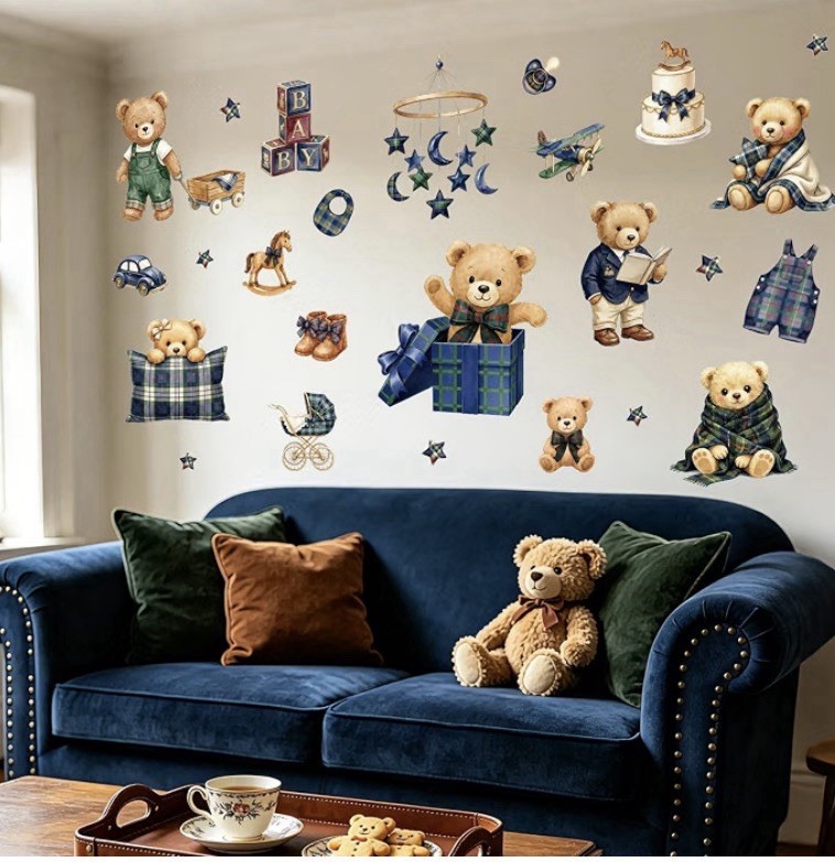 9 Sheets Blue Green Plaid Bear Wall Stickers Cute Vintage Nursery Decoration