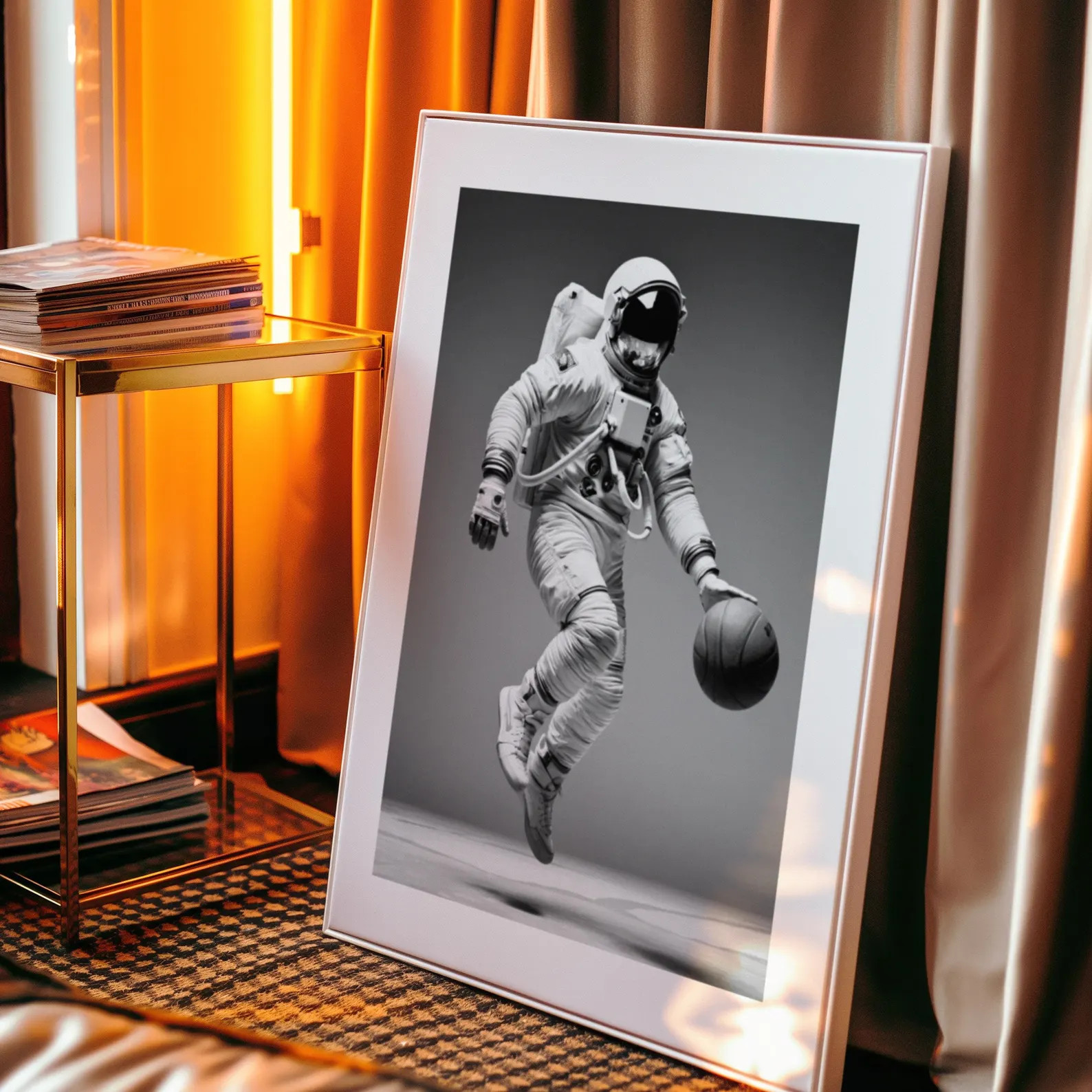 Retro Astronaut Playing Basketball Poster, Black & White Framed Space Art Poster